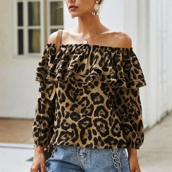 Viv's Women's Size L Off Shoulder Brown Animal Print Flounce Top - Picture 7 of 7